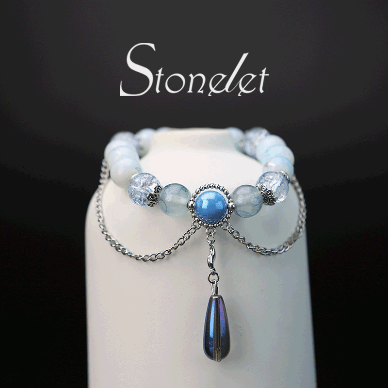 Stonelet Blue Ribbon Charm Beaded Bracelet Trendy Pop Beads Unique Sweet Style Energy Stone for Luck Gift for Best Friend-6006