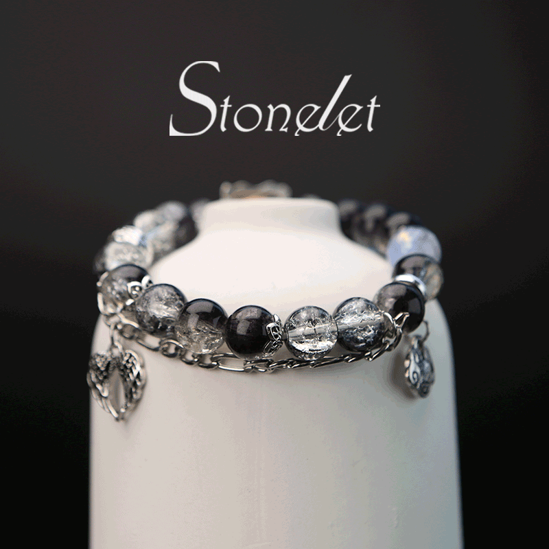 Stonelet Black and White Crackled Crystal Bracelet Glossy Glass Beads Edgy Minimalist Design Statement Hip-Hop Style Jewelry-6012