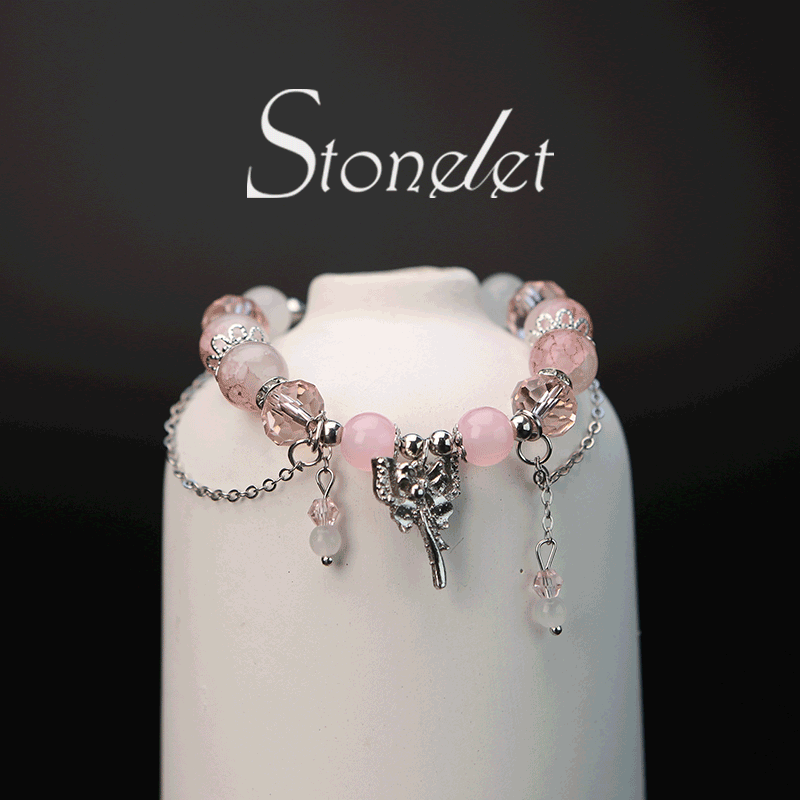 Stonelet Frosted Berry Glow Gilded Glass Bracelet Pink Crystal-Inspired Long Chain Design Clear Glass Accent Unique Delicate Aesthetic-6027