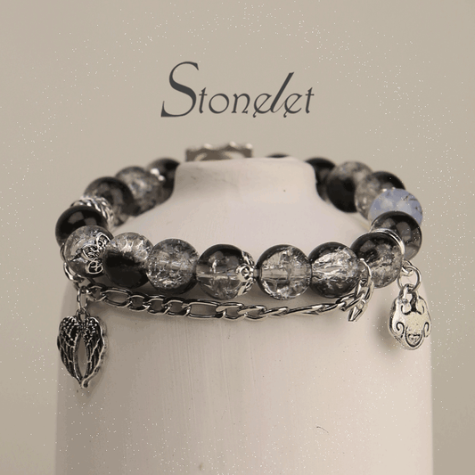 Stonelet Black and White Crackled Crystal Bracelet Glossy Glass Beads Edgy Minimalist Design Statement Hip-Hop Style Jewelry-6012