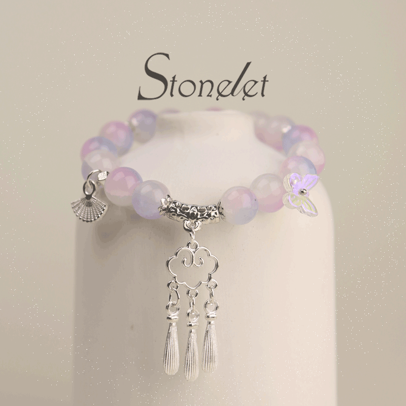 Stonelet Pink Purple Cloud Bell Glass Bead Bracelet Modern Oriental Aesthetic Chic Alloy Design Unique Girl Style Jewelry-6017