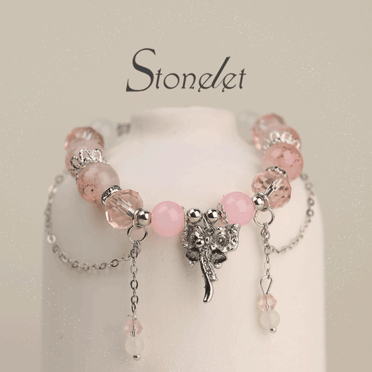 Stonelet Frosted Berry Glow Gilded Glass Bracelet Pink Crystal-Inspired Long Chain Design Clear Glass Accent Unique Delicate Aesthetic-6027