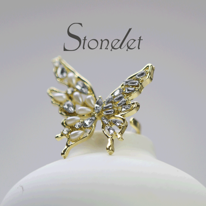 Stonelet Butterfly Pearl Zircon Ring Adjustable 3D Elegant Dainty Sparkling Princess Chic Date Party Gift Accessory