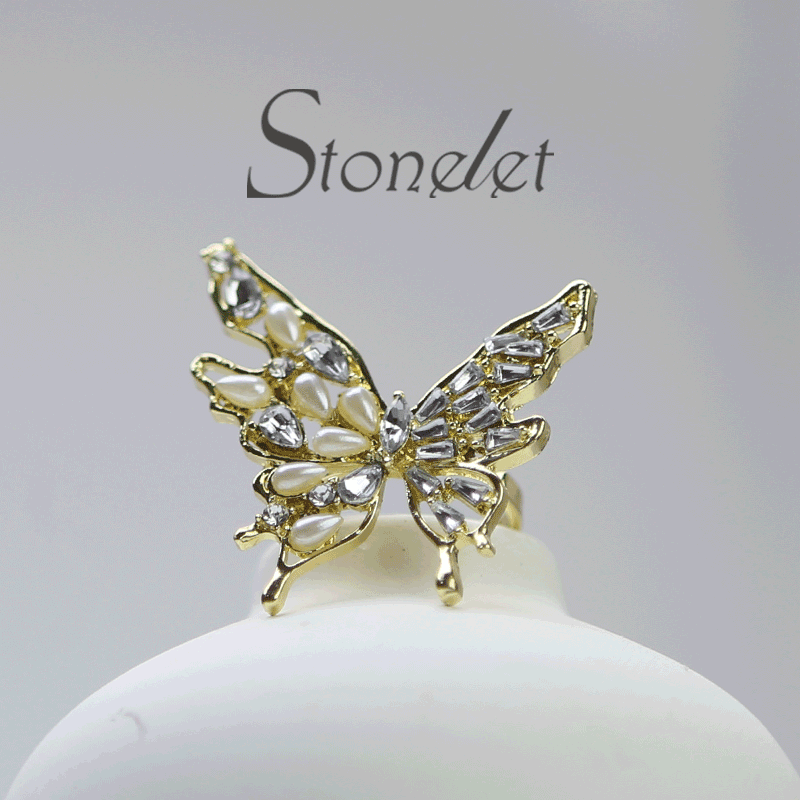 Stonelet Butterfly Pearl Zircon Ring Adjustable 3D Elegant Dainty Sparkling Princess Chic Date Party Gift Accessory