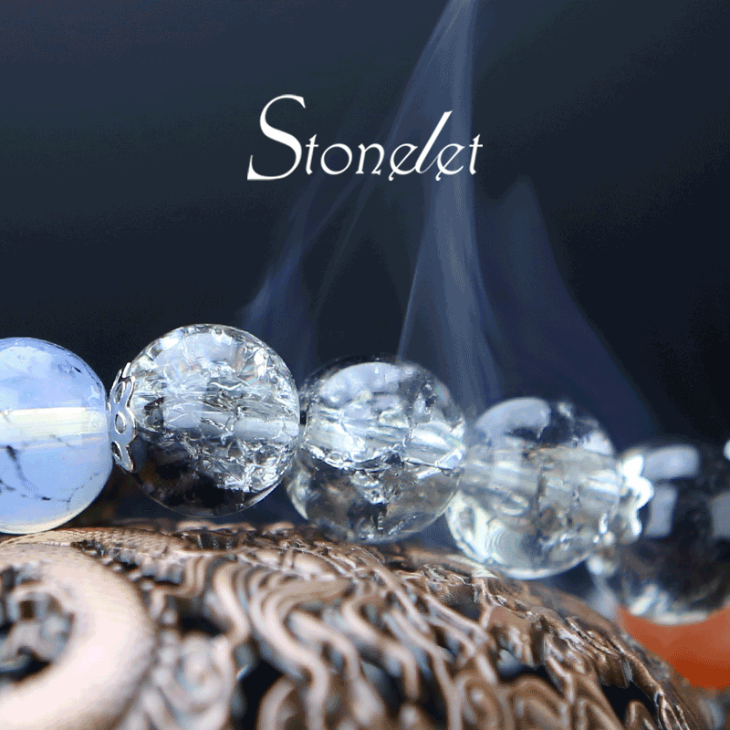 Stonelet Black and White Crackled Crystal Bracelet Glossy Glass Beads Edgy Minimalist Design Statement Hip-Hop Style Jewelry-6012