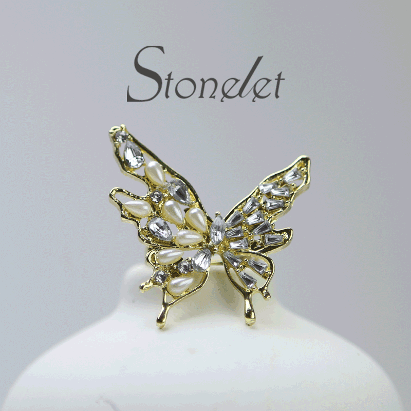 Stonelet Butterfly Pearl Zircon Ring Adjustable 3D Elegant Dainty Sparkling Princess Chic Date Party Gift Accessory