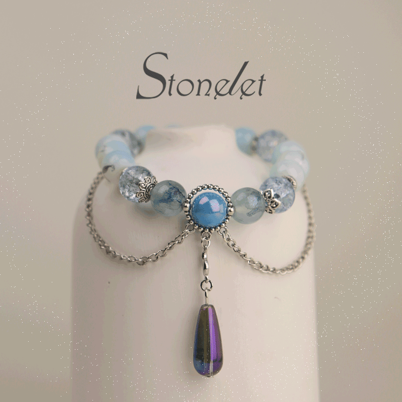 Stonelet Blue Ribbon Charm Beaded Bracelet Trendy Pop Beads Unique Sweet Style Energy Stone for Luck Gift for Best Friend-6006