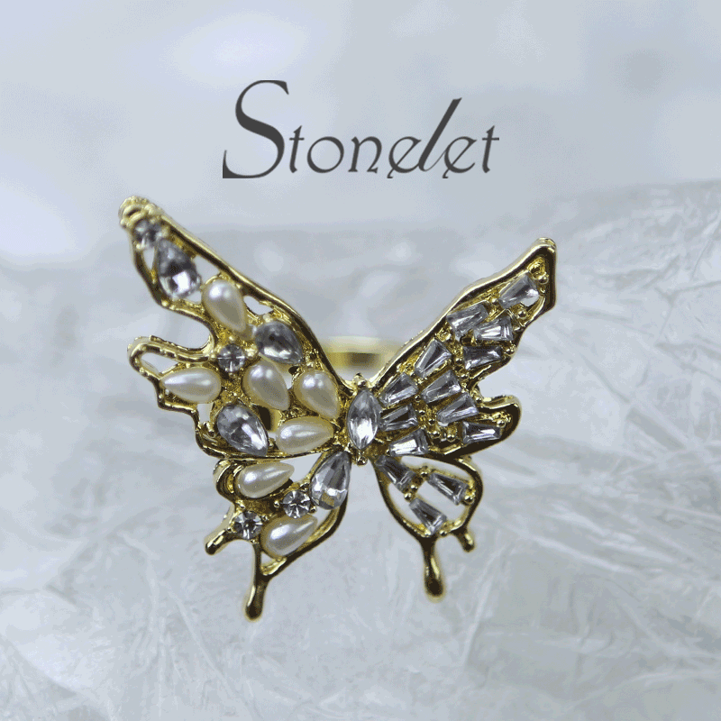 Stonelet Butterfly Pearl Zircon Ring Adjustable 3D Elegant Dainty Sparkling Princess Chic Date Party Gift Accessory